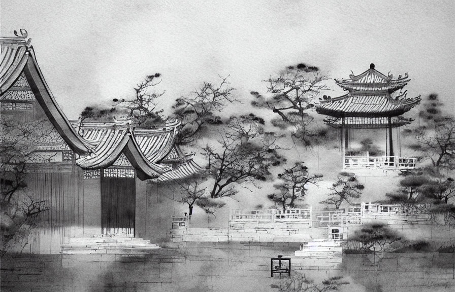 Monochrome ink painting of an Asian-style pagoda with intricate roof details surrounded by trees and a wall