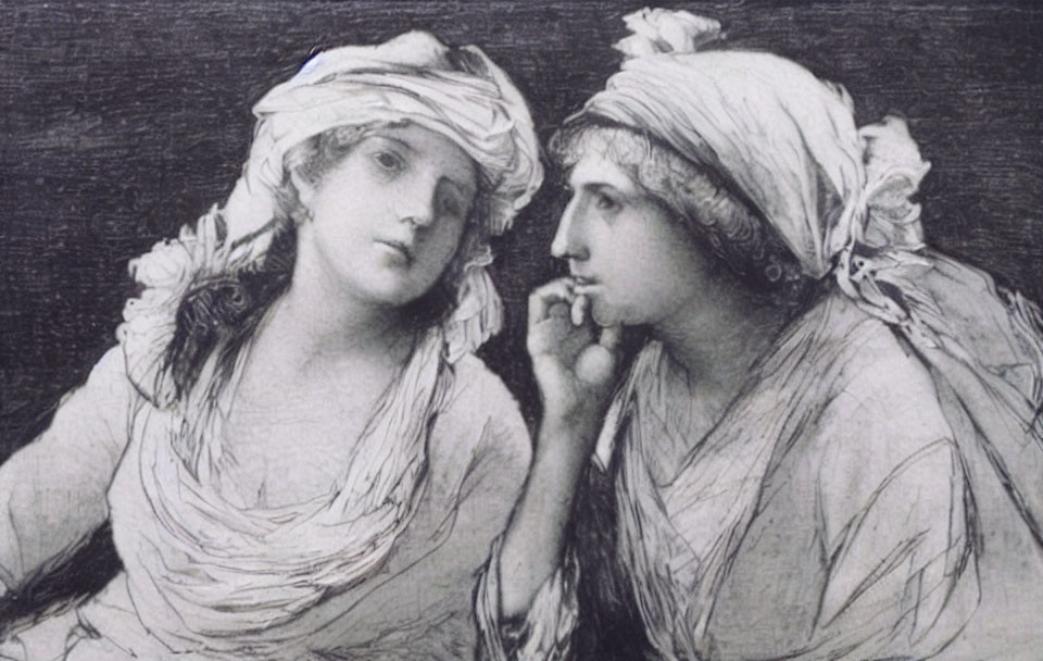 Grayscale illustration of two women in classical attire with draped fabrics