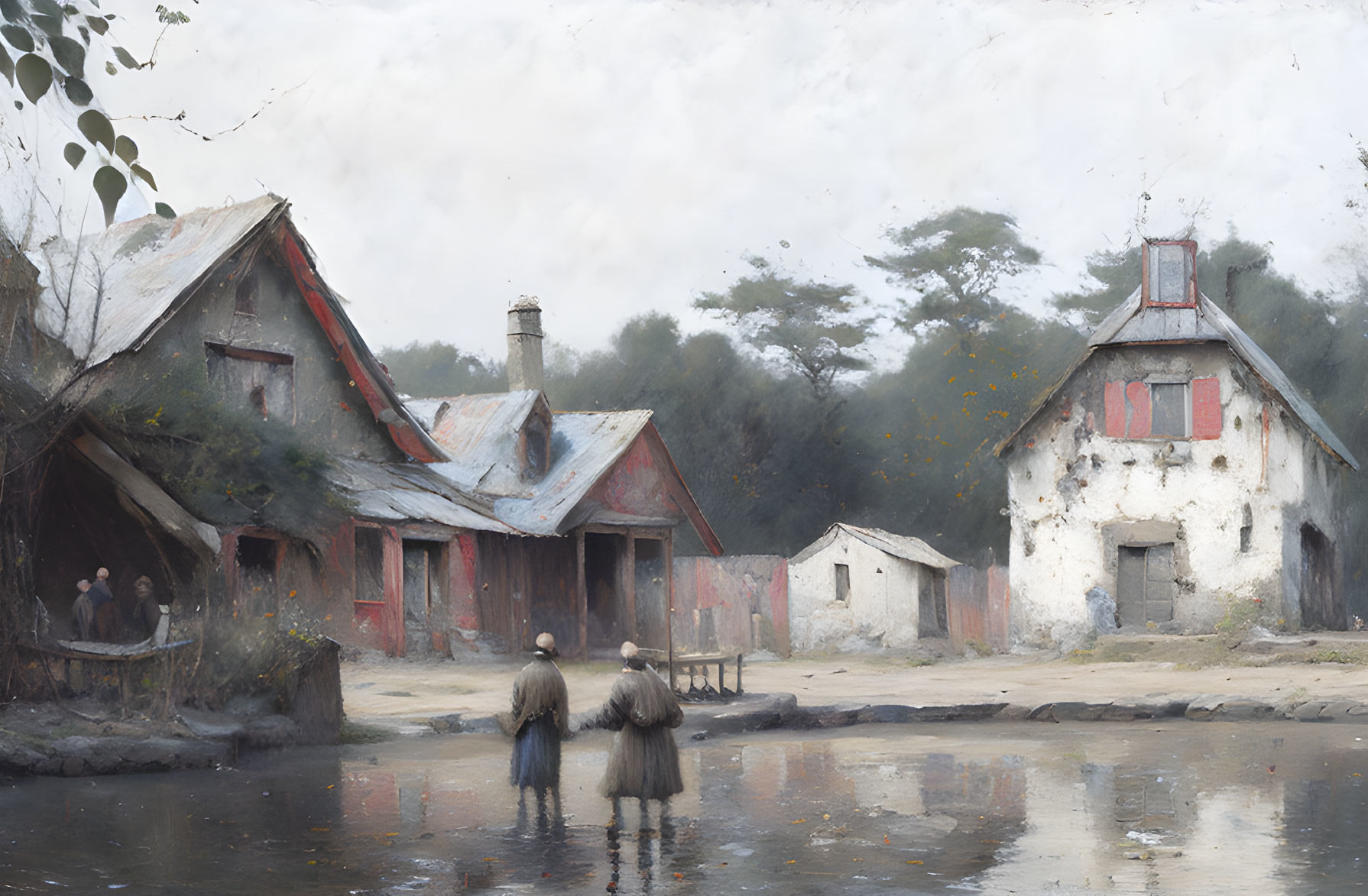 Serene painting of two figures by calm water and aged buildings