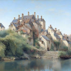 European Village by River with Rowboat and Greenery under Clear Sky