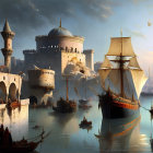 Historical coastal city scene at dawn with boats, grand domed buildings, and warm sky