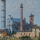 Surreal coastal town painting with eclectic architecture and tall towers.