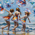 Three People in Traditional Attire Flying Kites on Beach