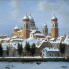 Snow-covered buildings with onion domes by calm river in winter.