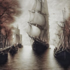 Tattered sail sailing ships in narrow waterway under cloudy sky