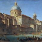 Bustling old harbor scene with boats and large dome building in clear blue sky