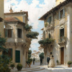 Rustic sunlit street scene with old buildings and people in period attire