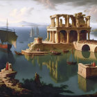 Classical painting of waterfront scene with boats and grand building