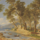 19th-Century Classical Landscape with Figures, Water, Boats, Ruins, and Trees