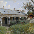 Victorian-era Woman in Yellow Dress Standing by Old House with Veranda