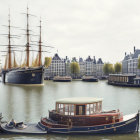 Boats and sailing ship in tranquil harbor setting