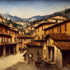 Weathered yellow buildings in rustic village with tile roofs, hills, and dynamic sky