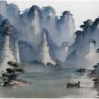 Tranquil landscape painting of misty cliffs and boats on water