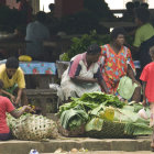 Vibrant Market Scene with Women in Traditional Attire and Fresh Produce