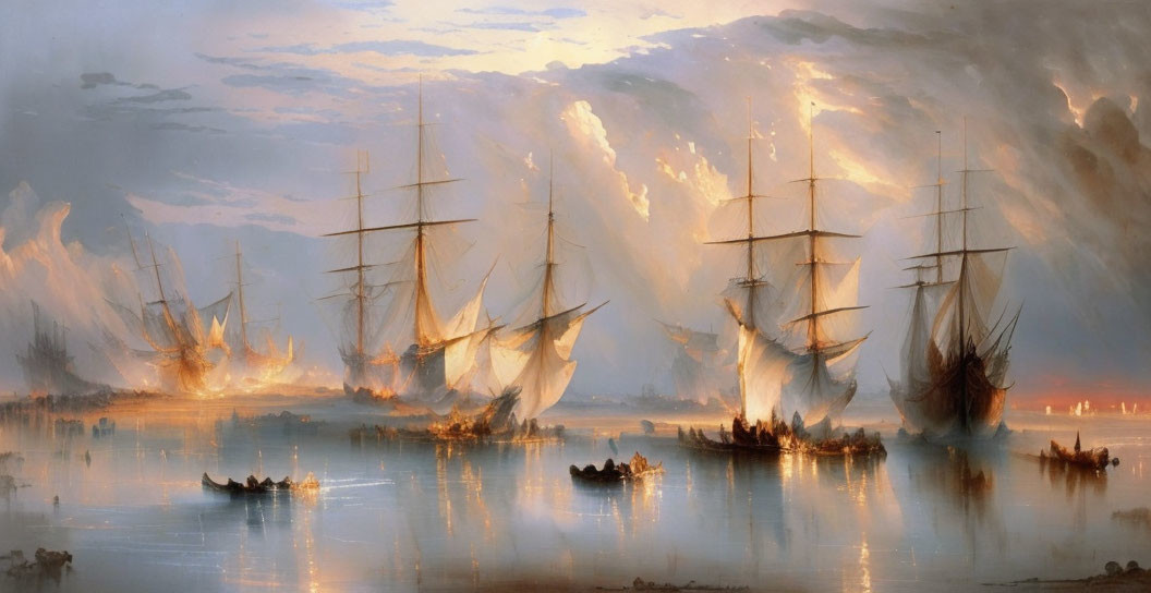 Sailing ships on tranquil sea at sunset with vivid sky reflections