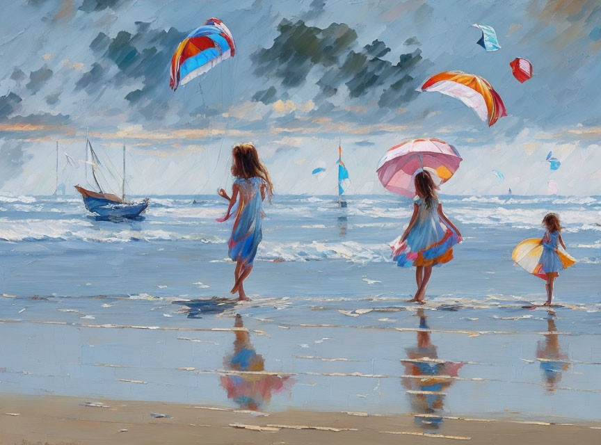 Three girls with colorful parasols on a beach with kites and boats under a cloudy sky