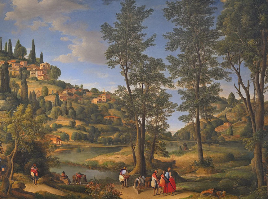 Classical landscape painting with period clothing, lush greenery, river, and distant buildings