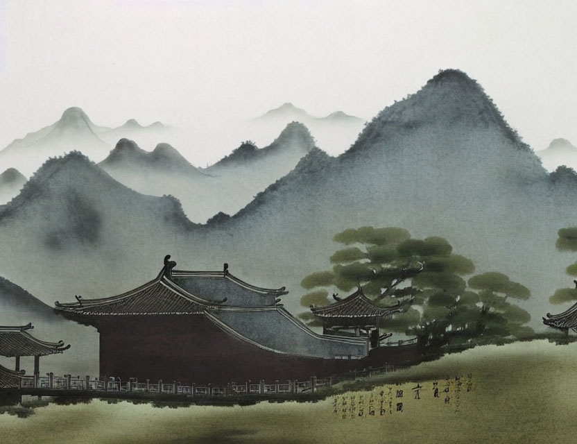 East Asian landscape painting with misty mountains, pagodas, and figures with umbrellas.