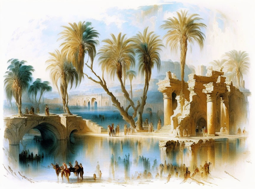 Ancient ruins with arches, palm trees, water, and people in a scenic image