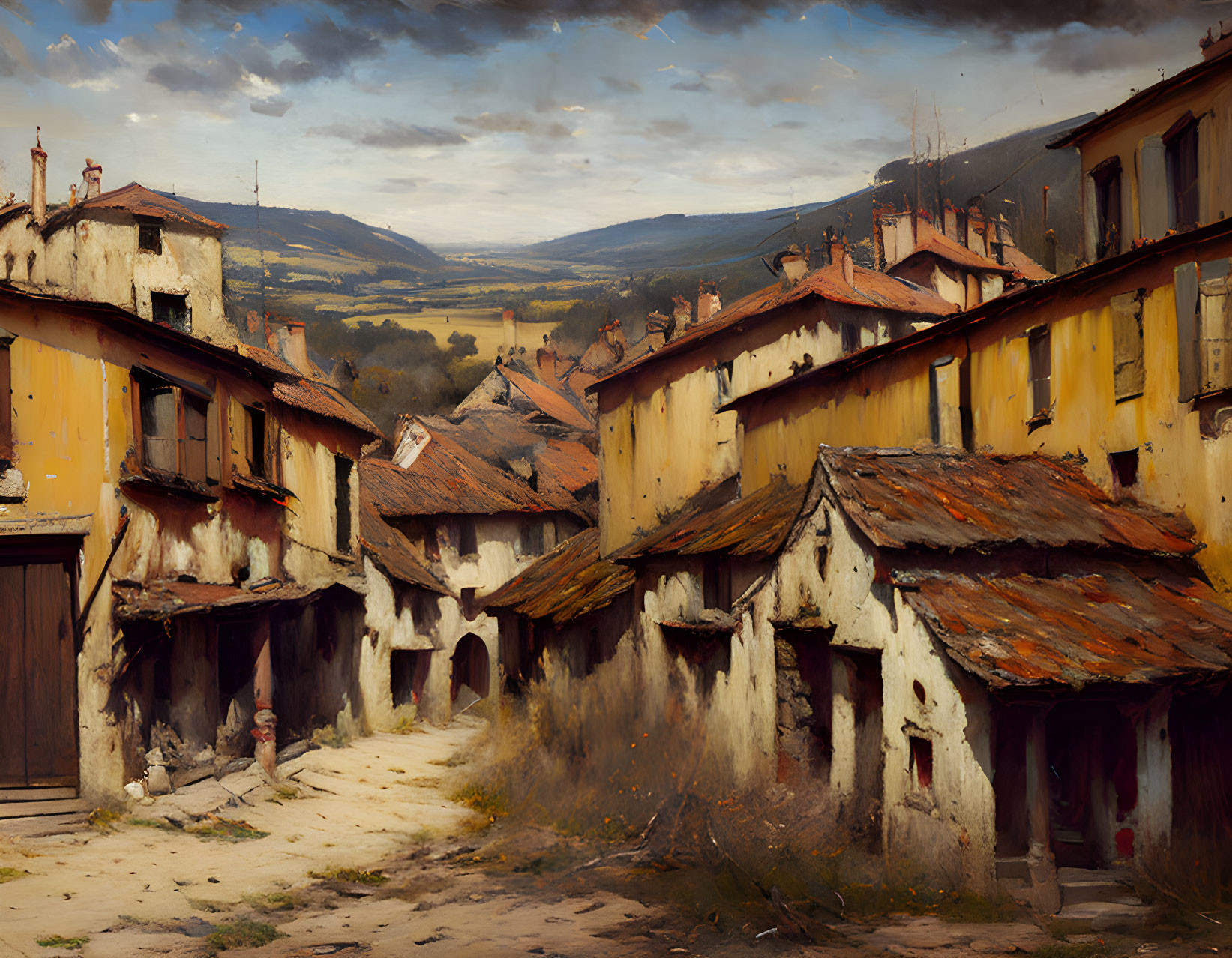 Weathered yellow buildings in rustic village with tile roofs, hills, and dynamic sky