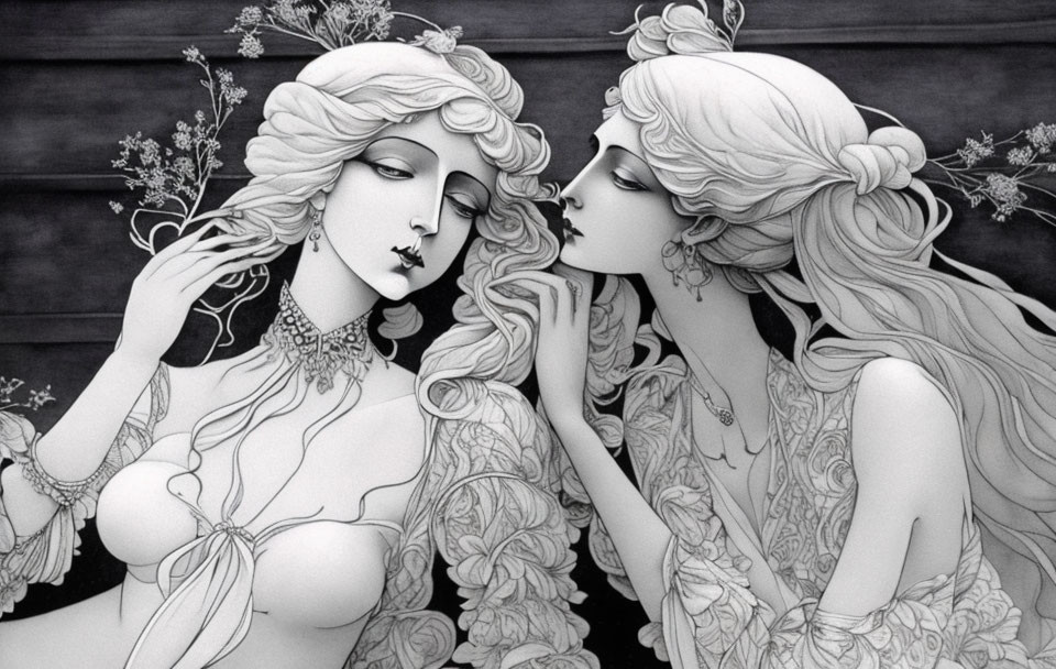 Illustrated black and white drawing of two women with flowing hair and elaborate dresses whispering.