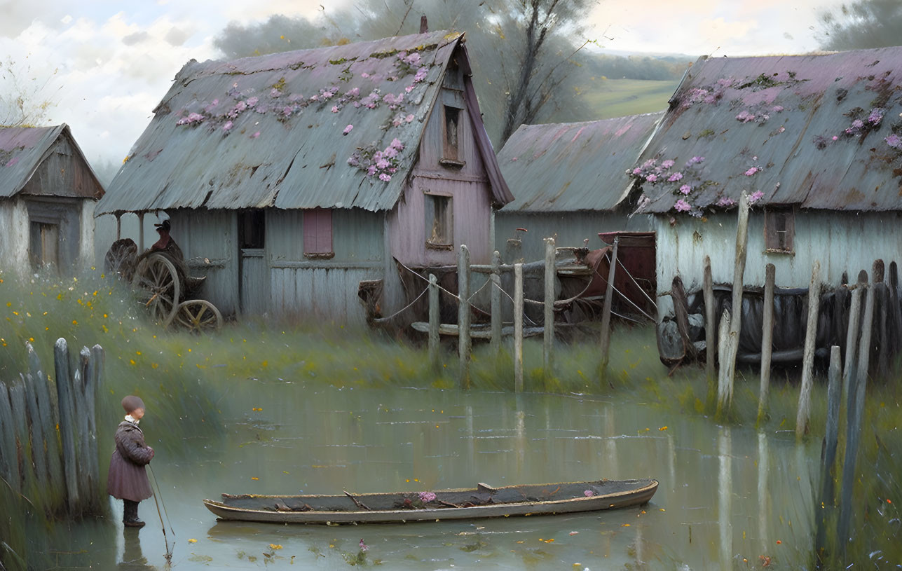 Child by wooden boat in front of rustic houses with blooming flowers in tranquil landscape