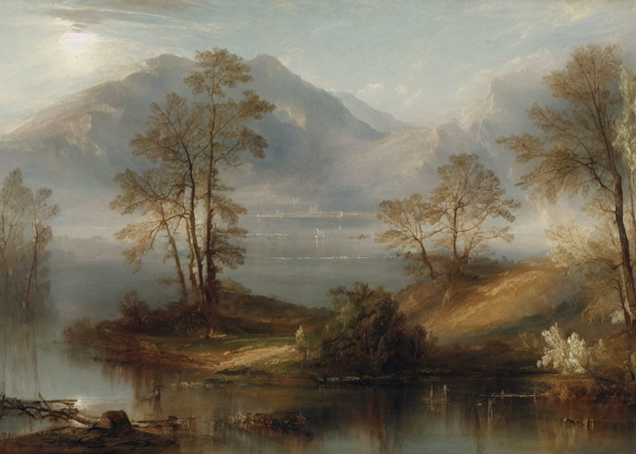 Tranquil landscape with misty mountains, calm lake, and glowing sky