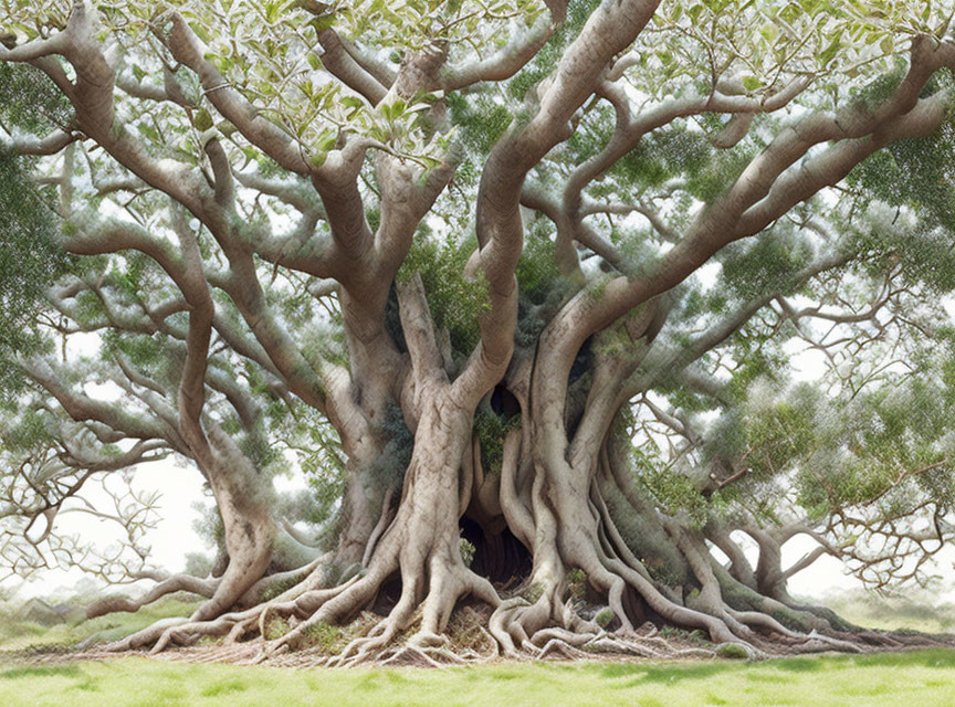 Majestic ancient tree with dense canopy and massive roots