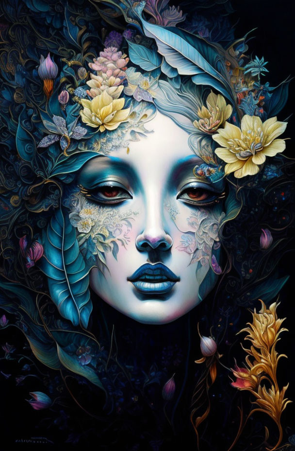 Blue-skinned woman in surreal floral setting