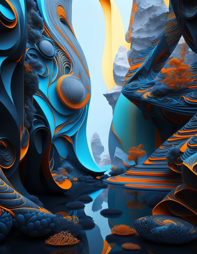 Surreal Landscape with Swirling Blue and Orange Formations