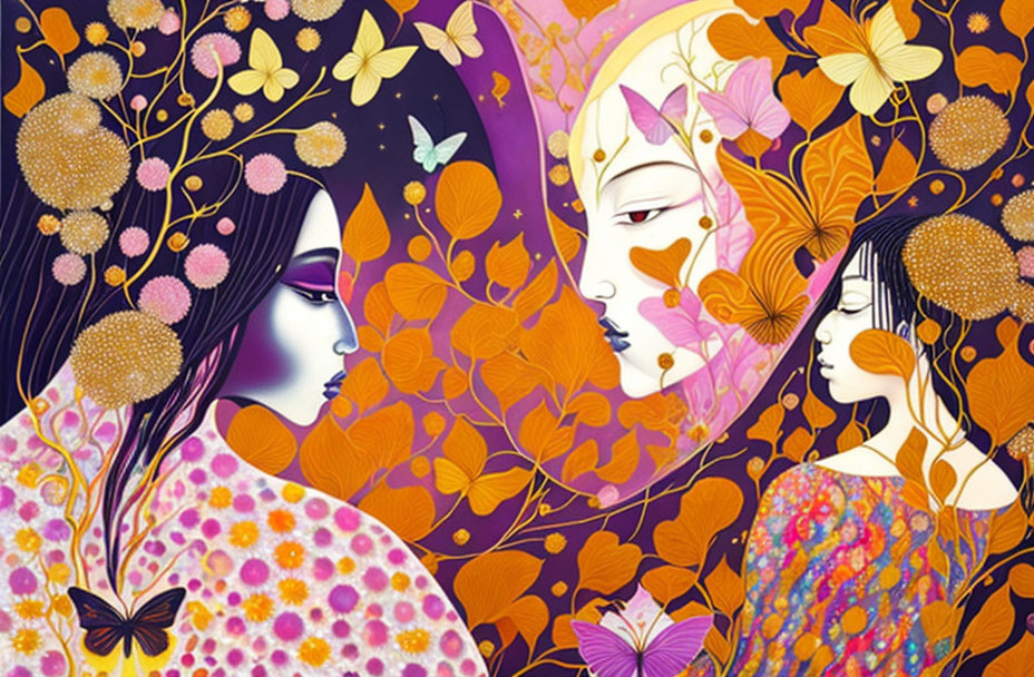 Stylized female figures with orange leaves, flowers, and butterflies on purple backdrop