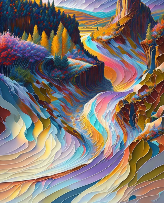 Colorful Stylized Landscape: Swirling Canyon Layers with Trees and Cliffs