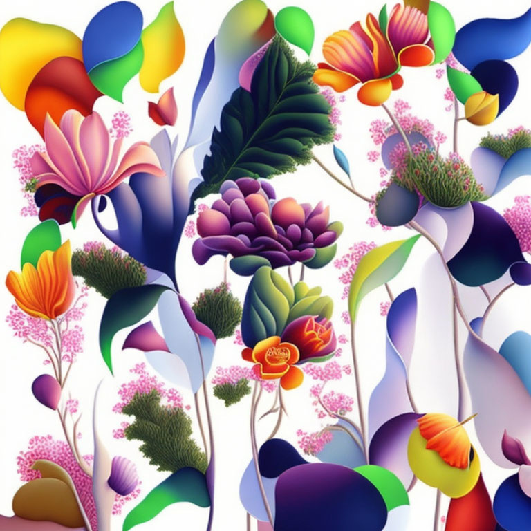 Colorful Digital Artwork Featuring Stylized Flowers and Leaves