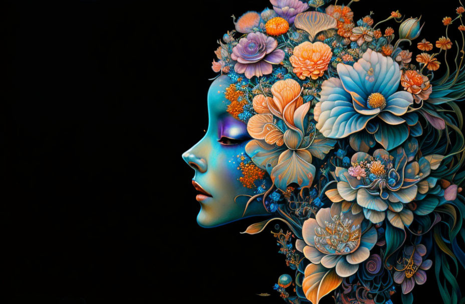 Blue-skinned woman with orange and blue floral hair profile on black background