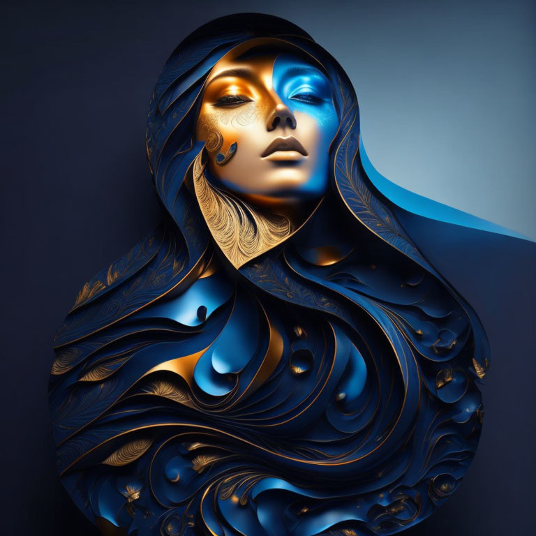 Woman portrayed with golden and blue hues against dark background