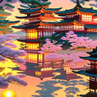 Vibrant Landscape with Asian Architecture and Reflection