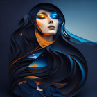 Woman portrayed with golden and blue hues against dark background