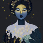 Surreal Portrait of a Woman with Blue Skin and Flowers