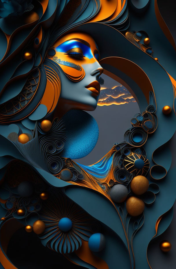 Surreal Artwork: Woman's Face in Blue and Gold Makeup with Abstract Shapes