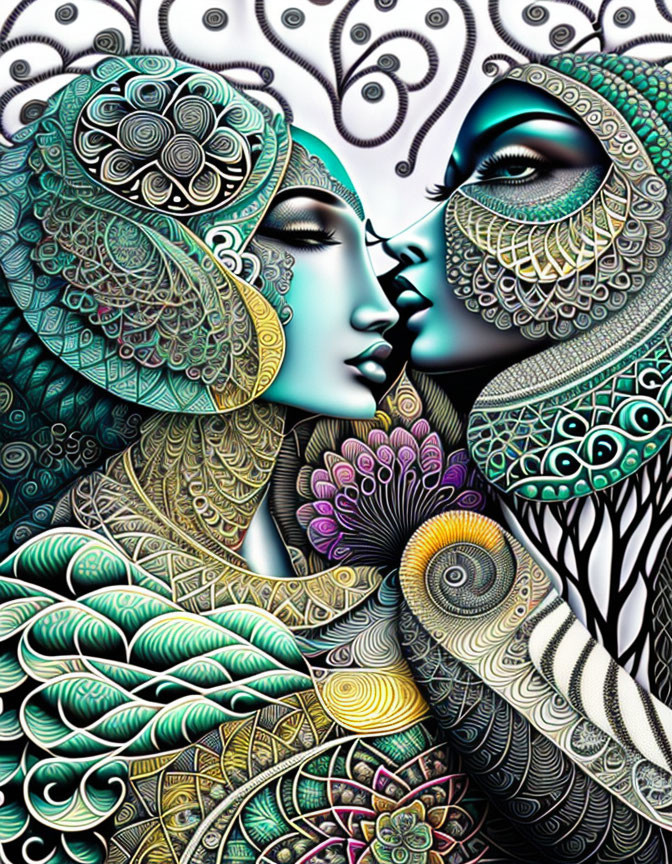 Colorful Stylized Faces Embracing with Ornate Patterns