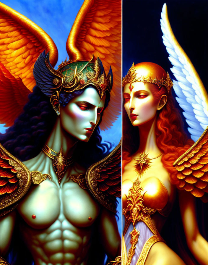 Two winged figures in ornate armor and headpieces, one with dark feathers and the other with