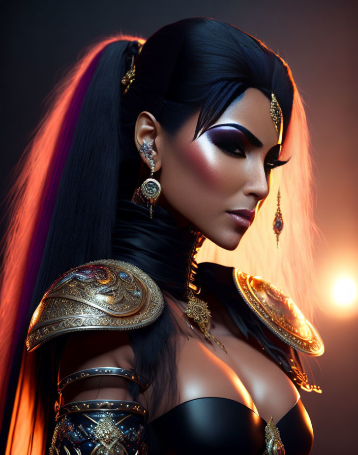 Stylized female warrior in ornate golden armor with vibrant makeup