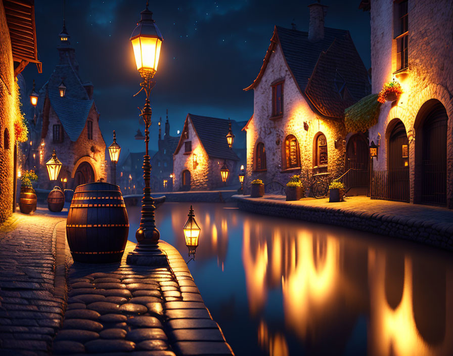 Tranquil Night Scene: Cobblestone Street Along Canal with Lanterns