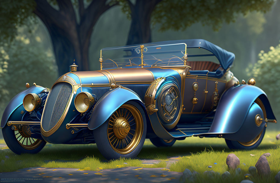 Vintage Blue Car with Golden Accents in Forest Setting