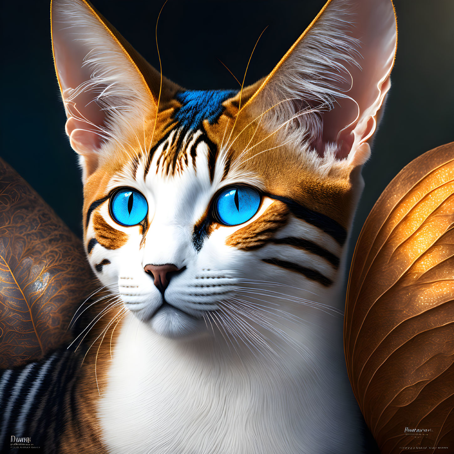 Colorful Cat Artwork with Blue Eyes, Tiger Stripes, and Butterfly Wings