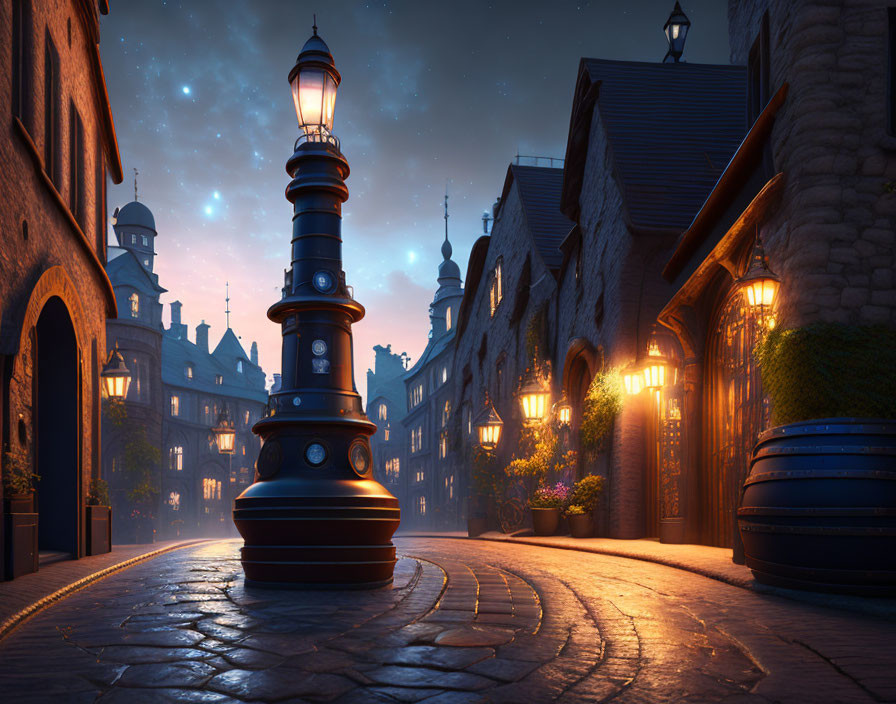 Vintage street lamps illuminate cobblestone street at dusk