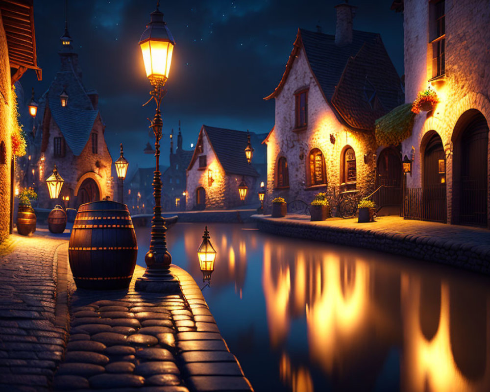 Tranquil Night Scene: Cobblestone Street Along Canal with Lanterns