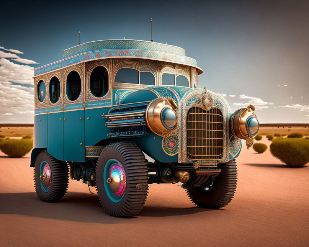 Vintage Blue Ornate Vehicle with Elaborate Designs in Desert Landscape