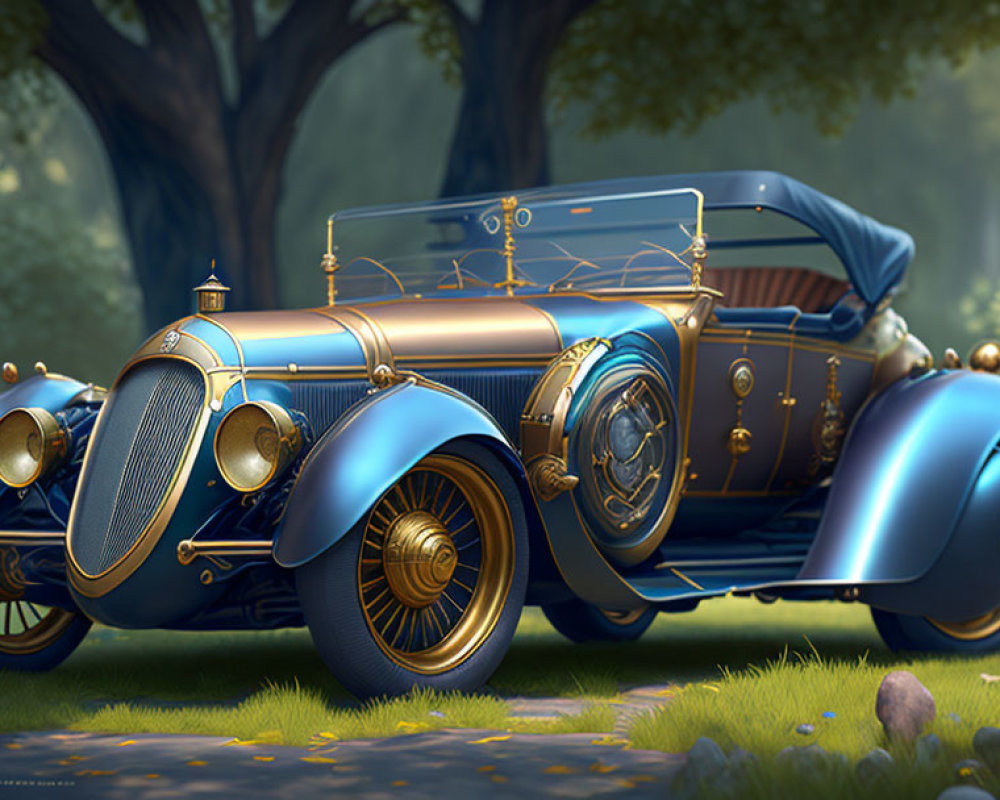 Vintage Blue Car with Golden Accents in Forest Setting