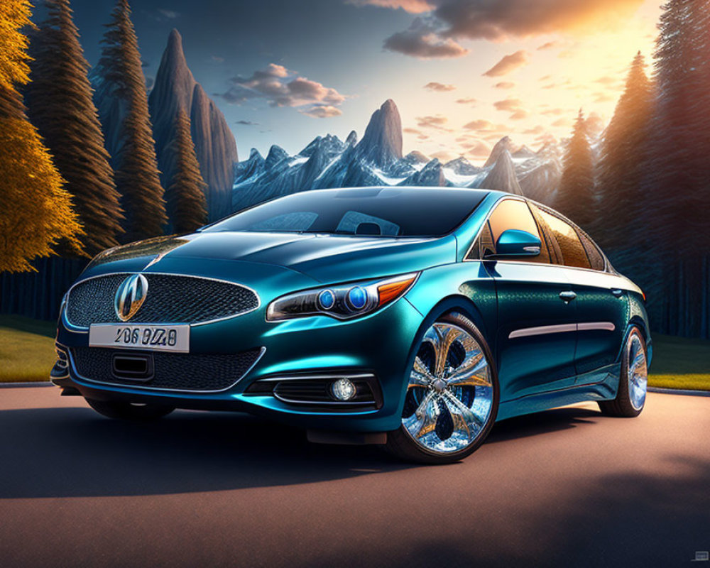 Shiny Blue Car Parked on Empty Road with Mountain Backdrop